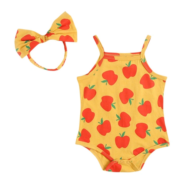 Newborn Girl Outfit, Sleeveless Fruit Print Romper with Hairband