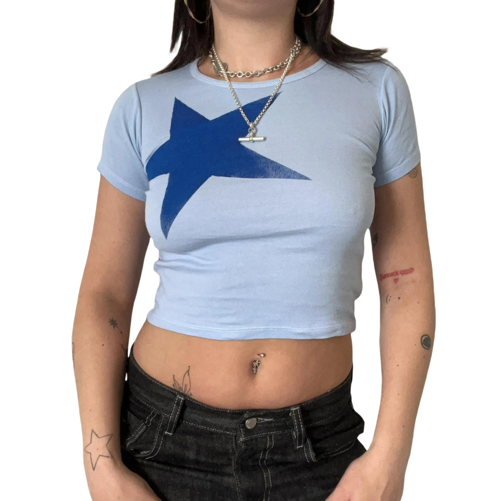 Women's Crew Neck Cropped Tops Short Sleeve Star Print Baby Tees