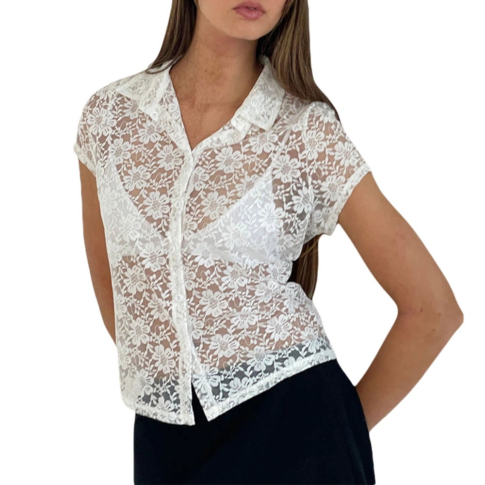 Women's Lace Shirt Flower See Through Button Down Short Sleeve Tops