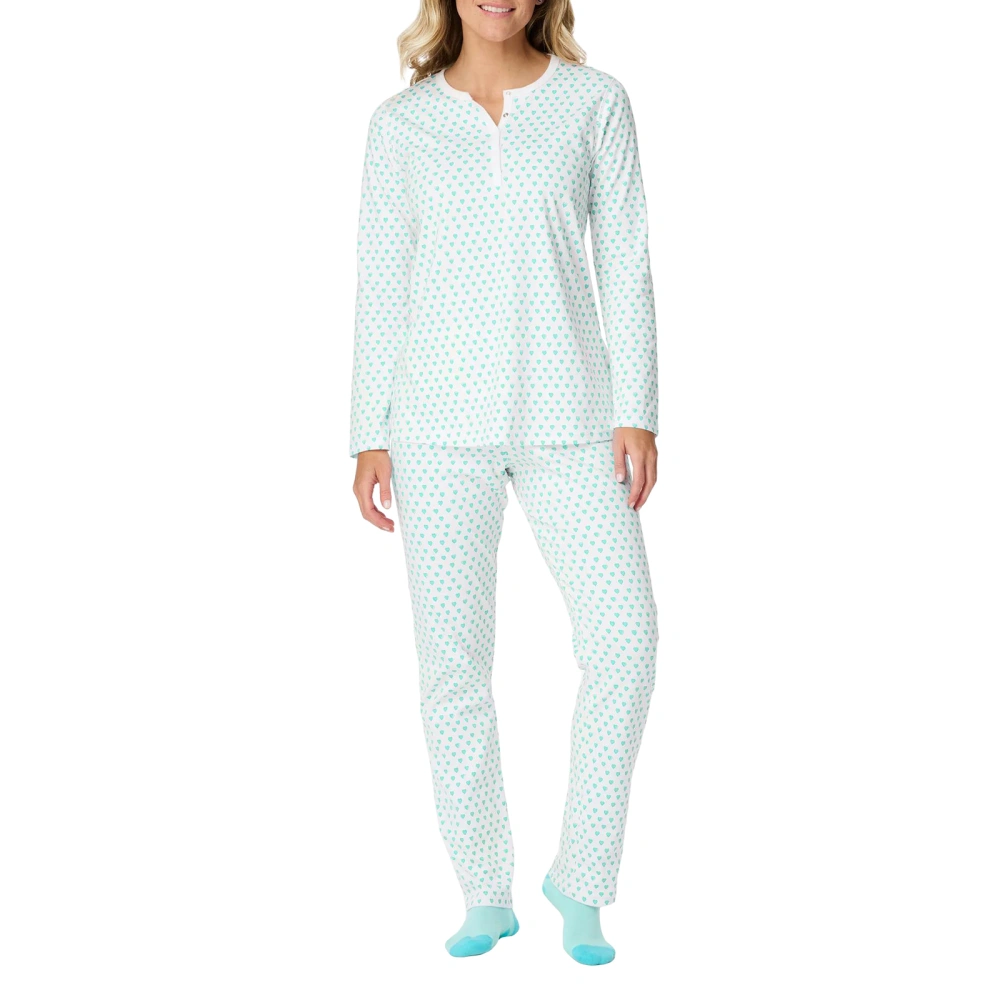 Women Pajama Set, Heart Print Long Sleeve Button Closure T-shirt Pants