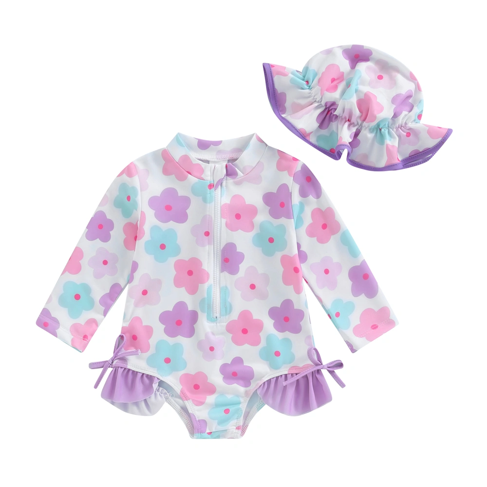 Baby Girl Rash Guard Swimsuits Floral Zipper Swimwear and Sun Hat