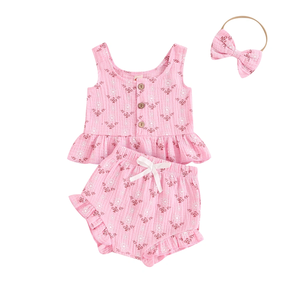 Baby Girl Summer Set, Floral Ruffled Tank Tops Shorts Bow Headband 