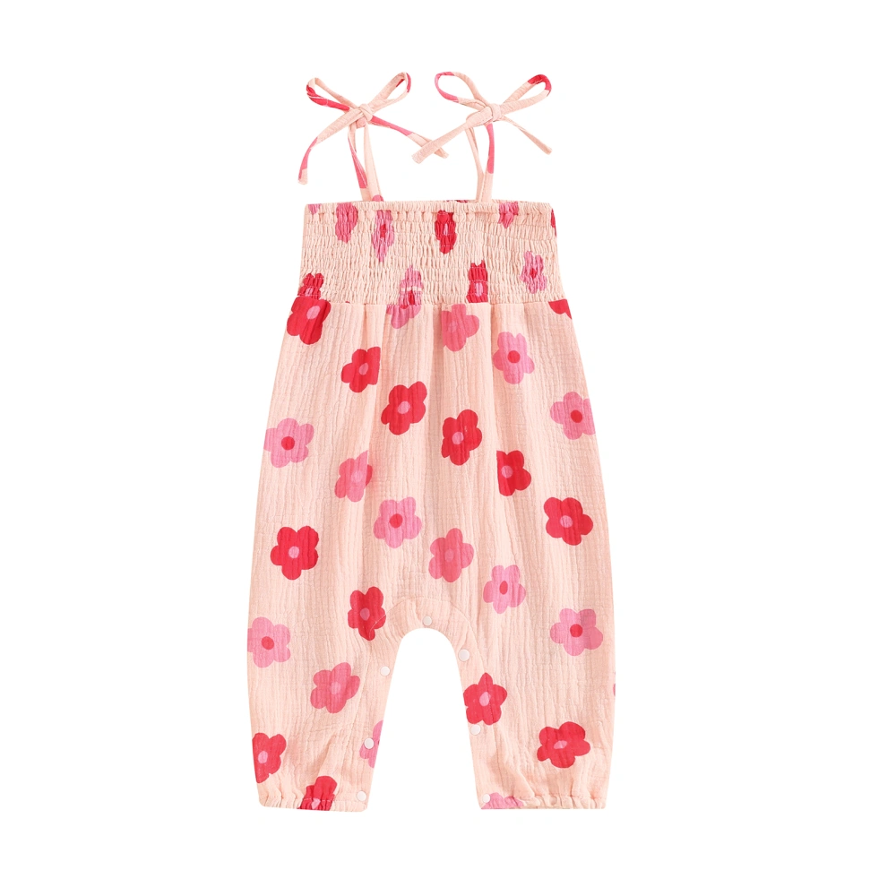 Baby Girl Romper Flower Print Shirred Tie-Up Spaghetti Straps Overalls