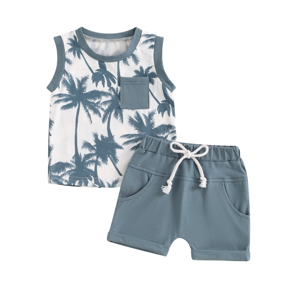 Boys Shorts Sets Tropical Tree Print Tank Tops Solid Color Shorts Sets