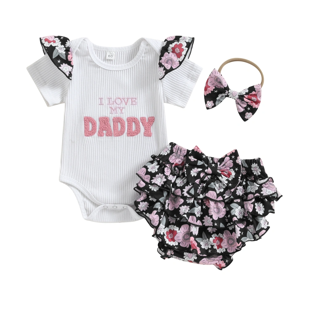 Baby Girl Set Letter Embroidery Ribbed Romper Ruffled Shorts Headband 