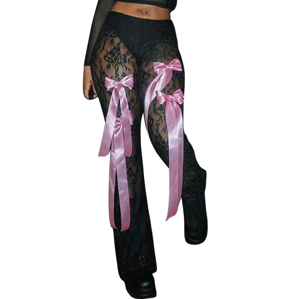 Women Lace Pants, Low Waisted See-through Bows Slit Sheer Trousers