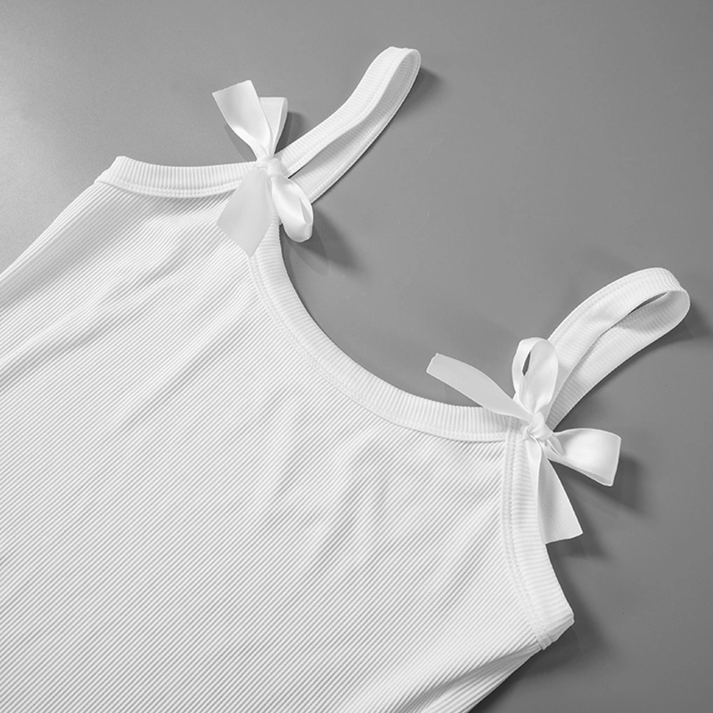 Women's Sweet Camisole Bowknot Solid Ribbed Square Neck Cropped Tops 