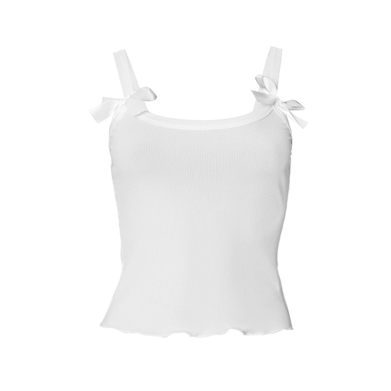 Women's Sweet Camisole Bowknot Solid Ribbed Square Neck Cropped Tops 