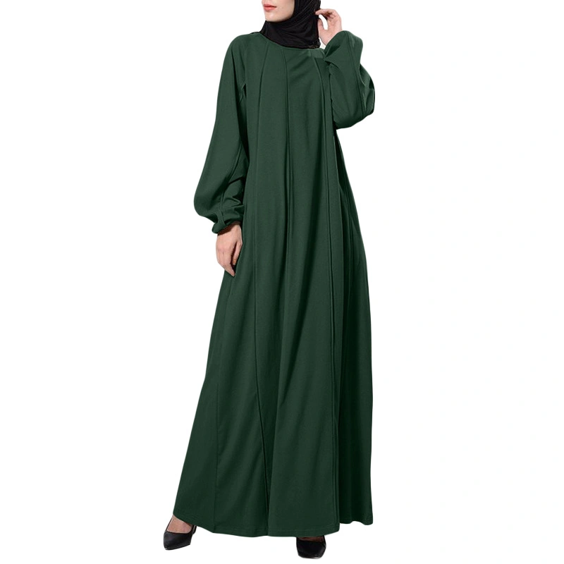 Women Long Dress Solid Color Round Neck Long Sleeve Abaya Dress