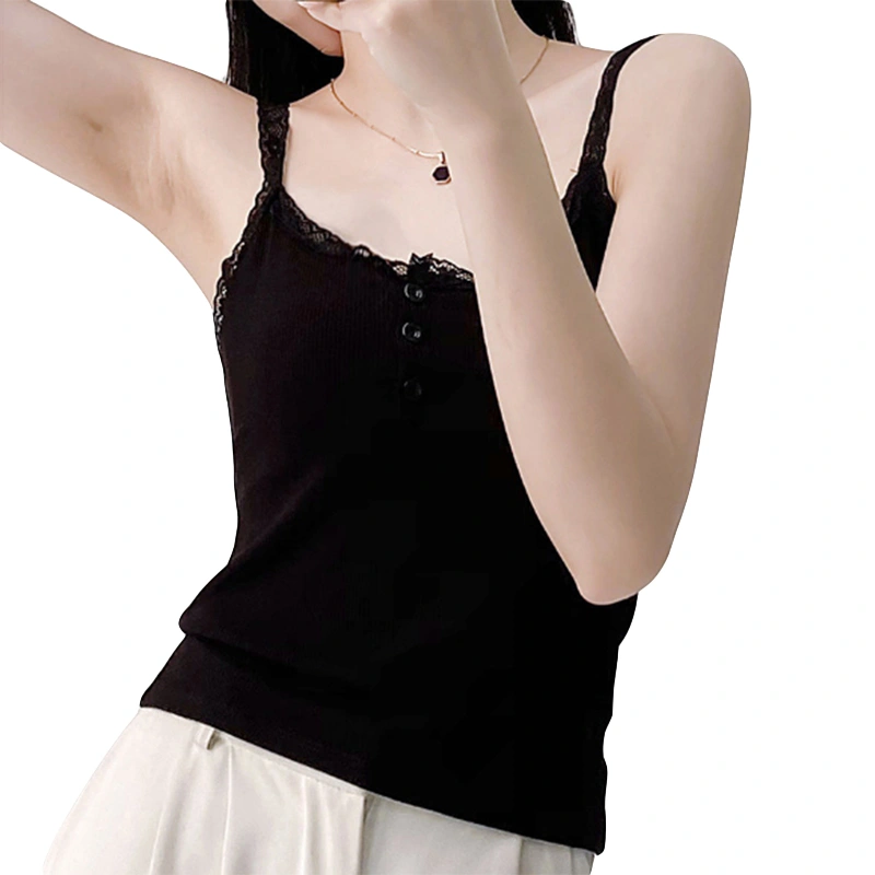 Women Button Ribbed Camisole Lace Trim Spaghetti Strap Tank Tops