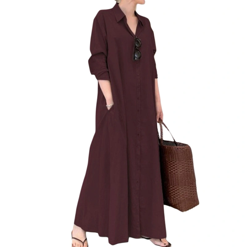 Women's Midi Shirt Dress Long Sleeve V Neck Button Down A-Line Dress