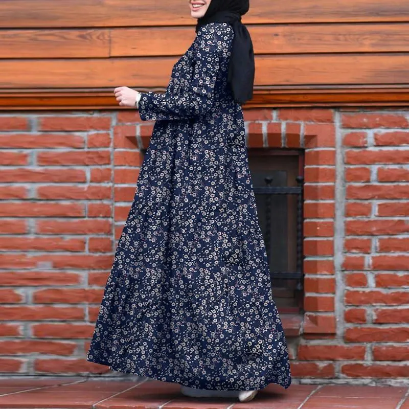 Womens Abaya Dress Floral Print Long Sleeves Loose Long Dress