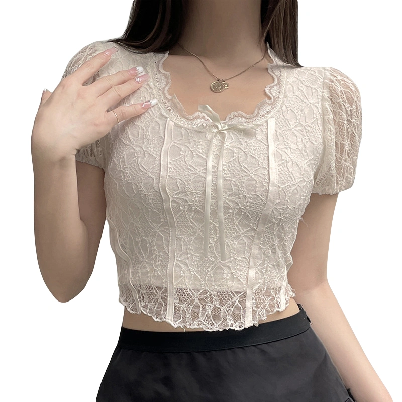 Women's Crop Lace Tops Slim Jacquard Round Neck Puff Sleeve T-Shirt 