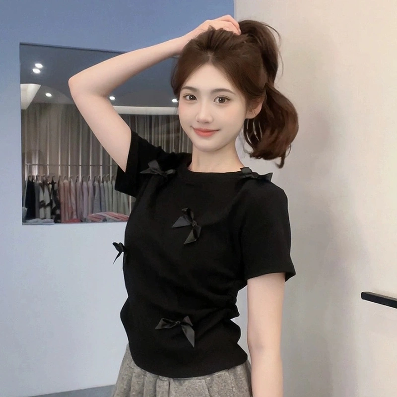 Women Short Tops Short Sleeve Crewneck Fashion Bow Decor T-shirt