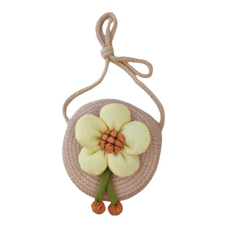 Little Girl Straw Crossbody Purse Round Shoulder Bag with 3D Flower