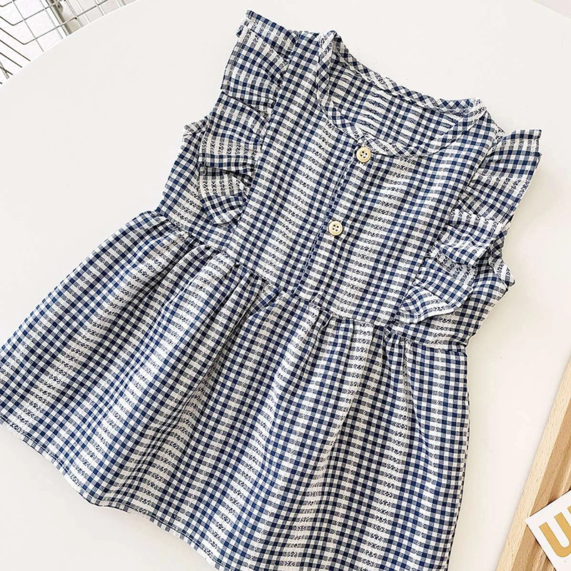 Toddler Girls Summer Dress Plaid Print Round Neck Ruffles A-Line Dress
