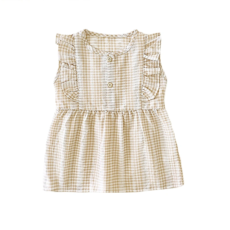 Toddler Girls Summer Dress Plaid Print Round Neck Ruffles A-Line Dress