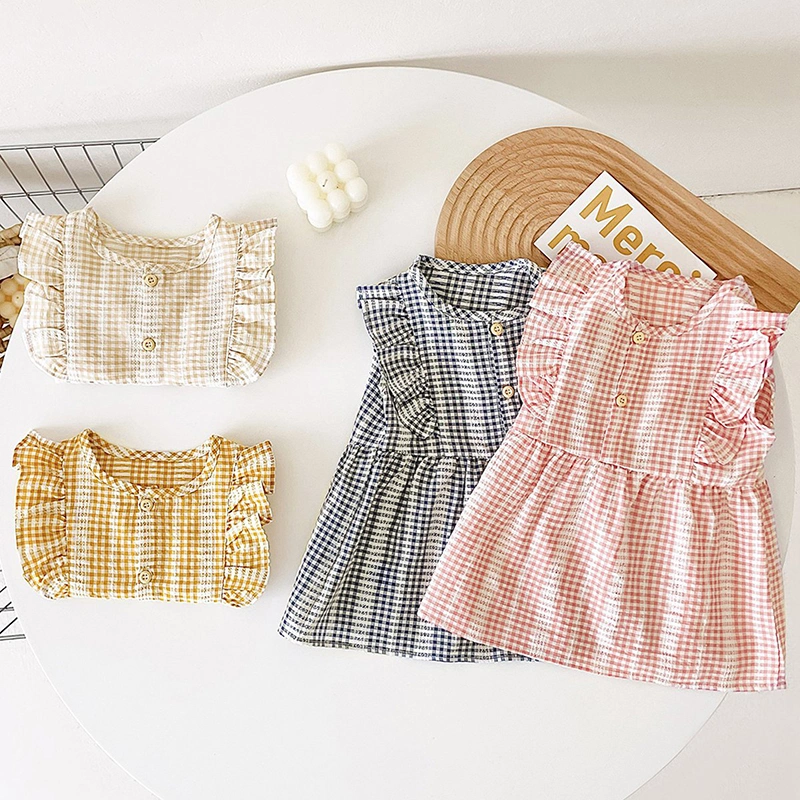 Toddler Girls Summer Dress Plaid Print Round Neck Ruffles A-Line Dress