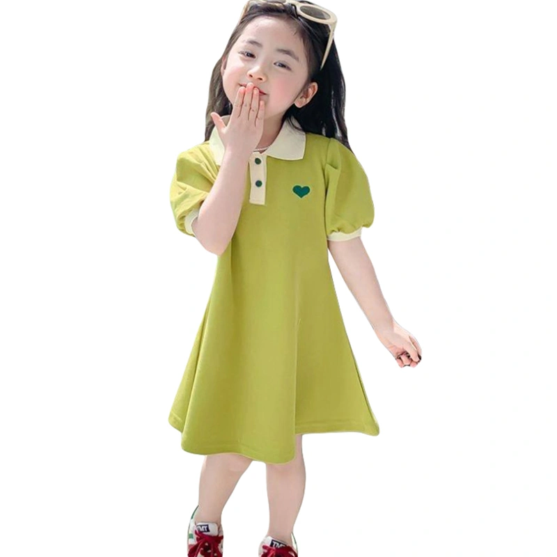 Girl’s Dress Short Sleeve Button Closure Embroidery Heart A-line Dress