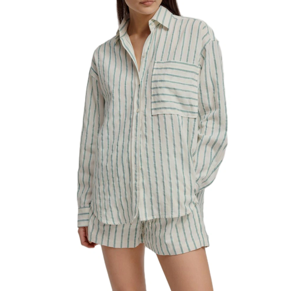 Women's Striped Outfit, Loose Long Sleeve Shirt Shorts with Pockets 