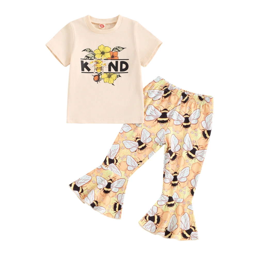 Girl Pants Outfit Letter Short Sleeves Tops Bee Bell Bottom Trousers