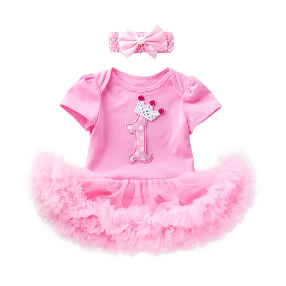 Baby Girls 1st Birthday Outfits Short Sleeve Romper Dress Headband