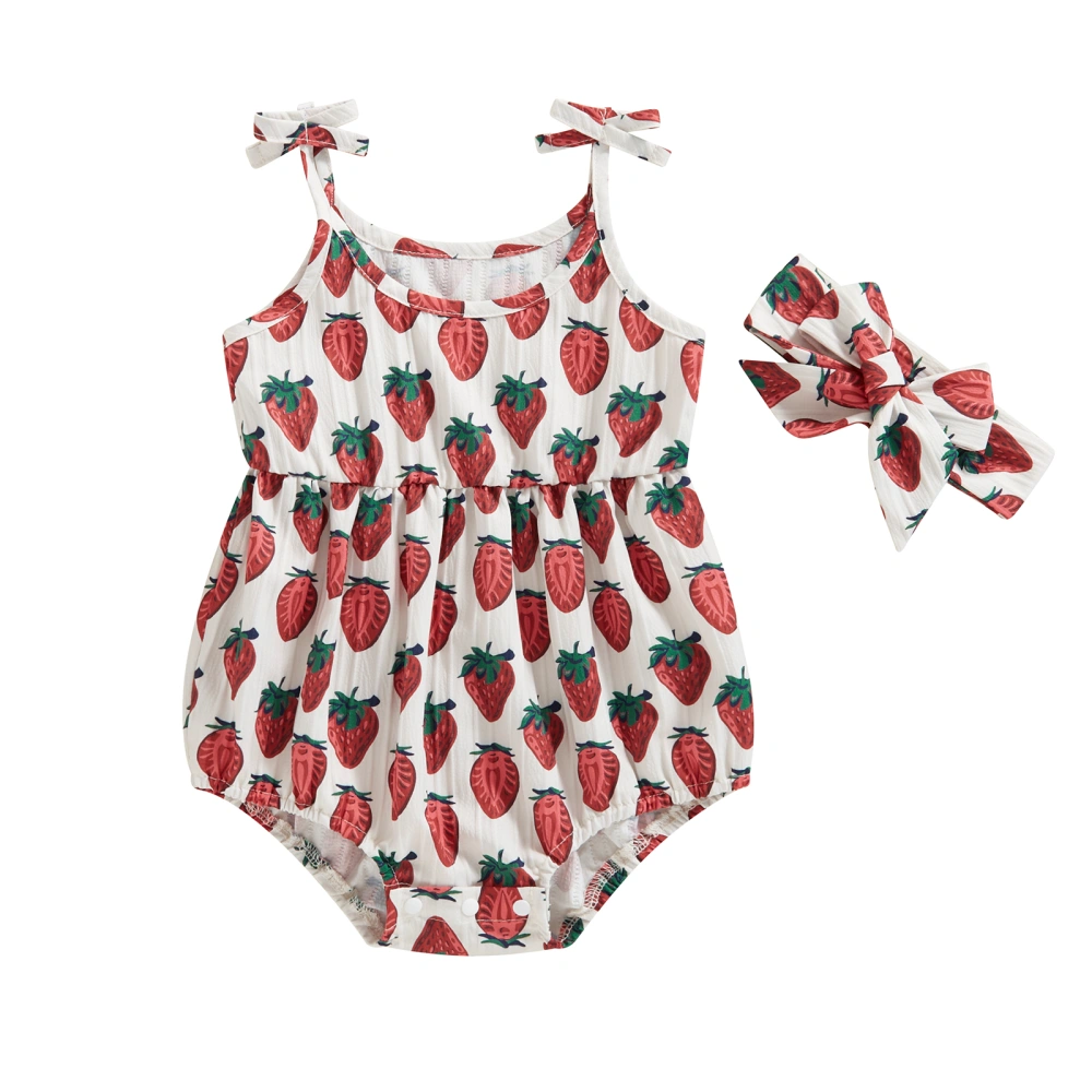 Newborn Girl Outfit Tie-up Sleeveless Strawberry Print Romper Hairband