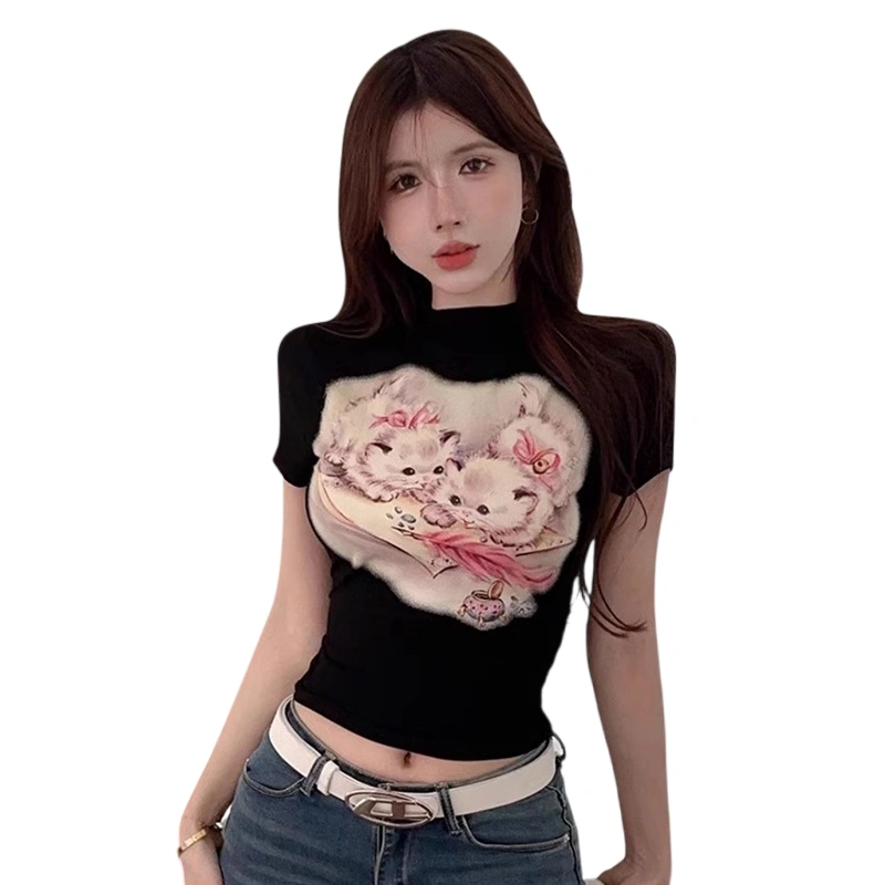 Women Summer Basic T-Shirt Cat Print Short Sleeve Tops Pullovers