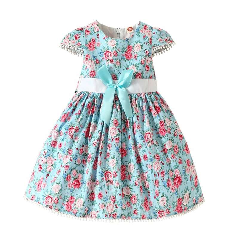 Baby Girl Summer A-Line Dress Floral Print Cap Sleeves Bow Dress 