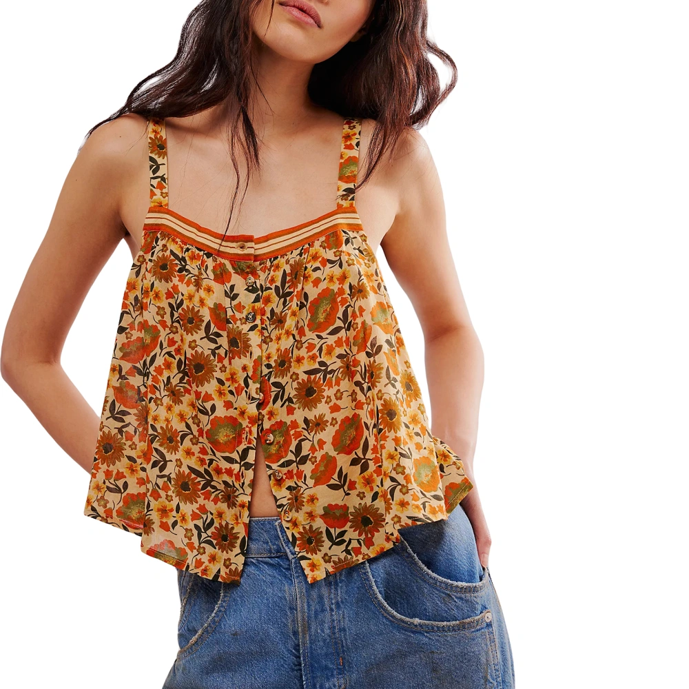 Women Bohemian Cute Tank Tops Floral Print Front Button Basic Vest