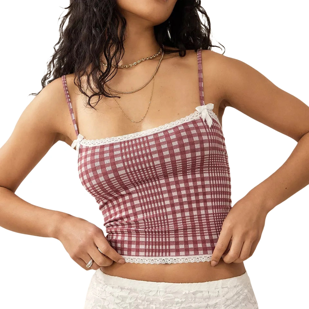 Women's Plaid Crop Cami Tops Sleeveless Tiny Bow Front Camisole