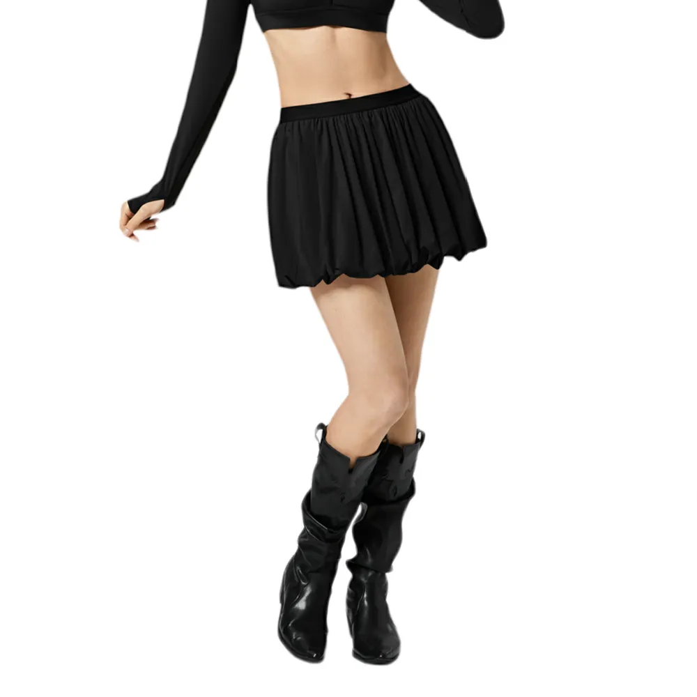 Women's Pleated Puffball Skirt Solid Elastic Waist Short Skirt 