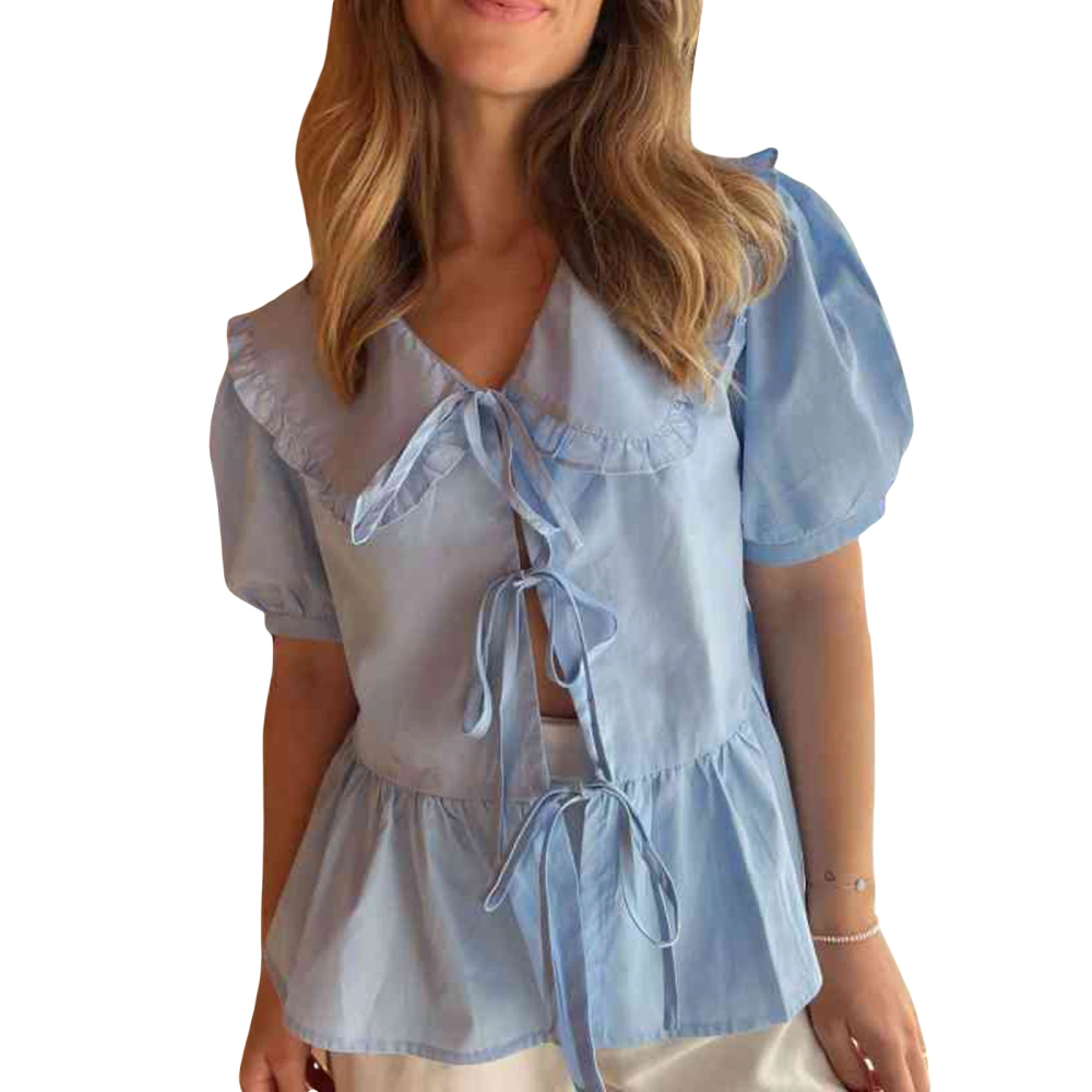 Women's Babydoll Blouse Puff Sleeve Doll Collar Bow Tie-Up Shirt