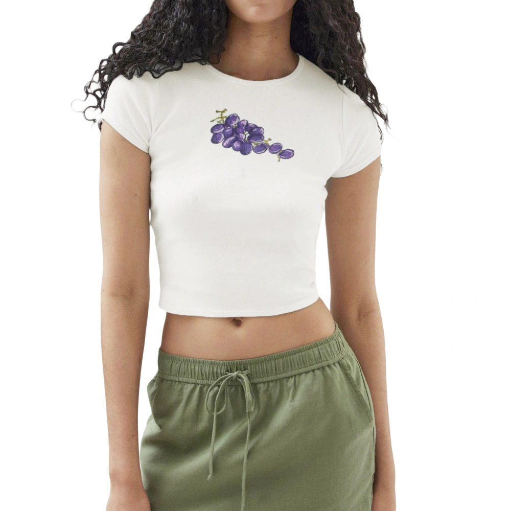 Women's Crew Neck Cropped Tops Short Sleeve Fruit/Frog Print Baby Tees