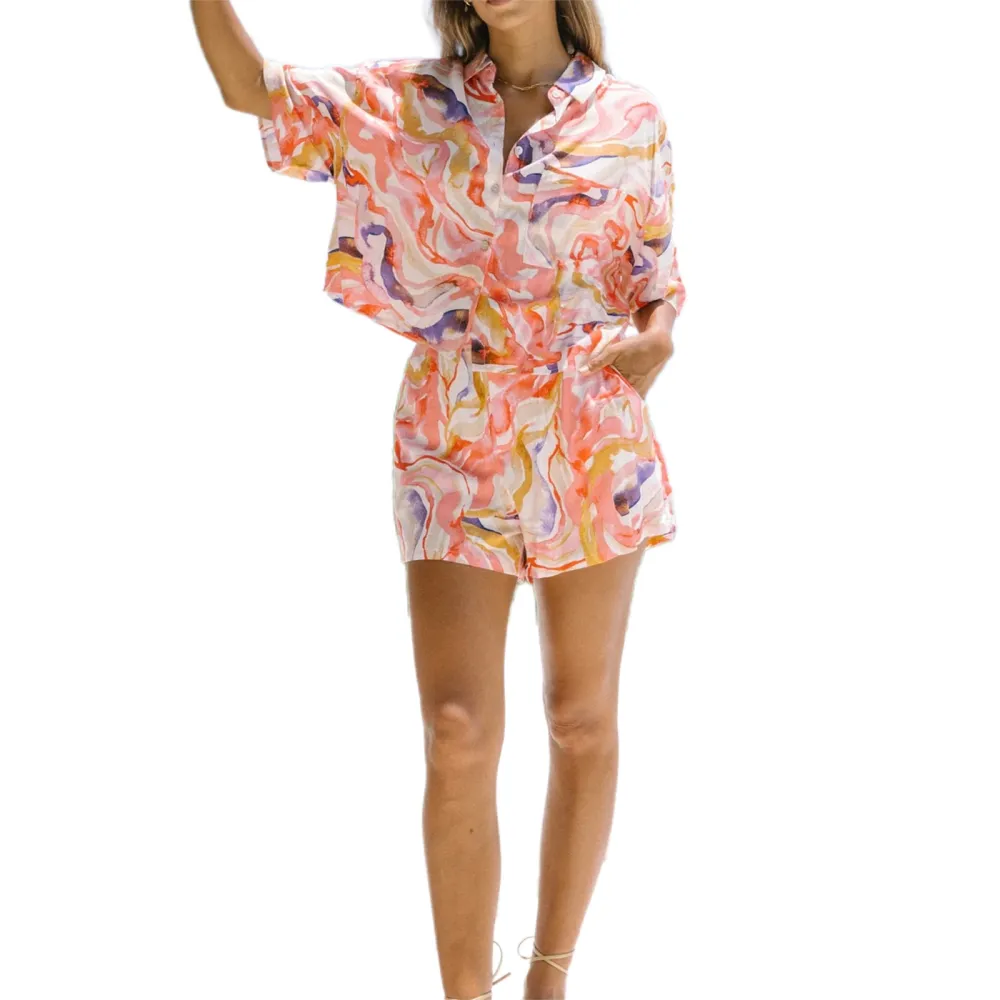 Women Button up Pjs Set Summer Abstract Print T-Shirt and Shorts