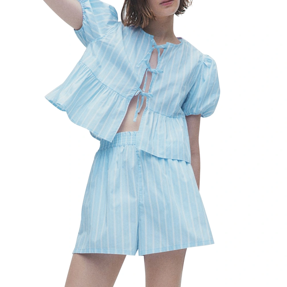 Women’s 2 Piece Pajamas Set Short Puff Sleeve Tie-up Shirt + Shorts