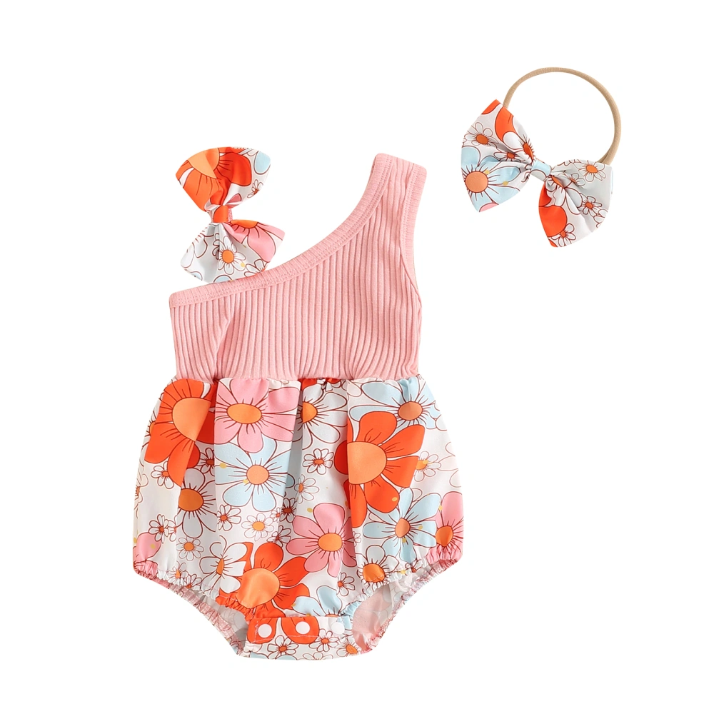 Baby Girl Set, Flower Print Slash Neck Sleeveless Romper Headband 