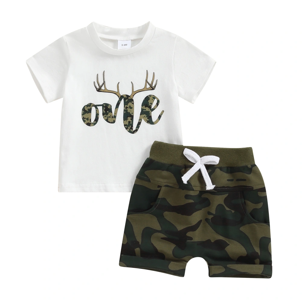 Boy Birthday Outfits Antler Letter Print T-Shirt and Camouflage Shorts