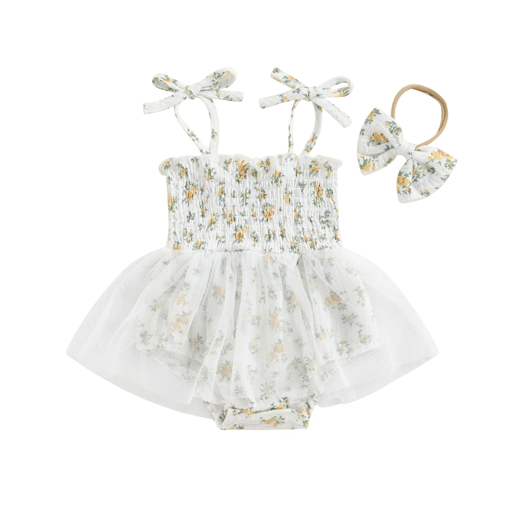 Newborn Girl Outfit, Floral Sleeveless Pleated Romper Dress Hairband