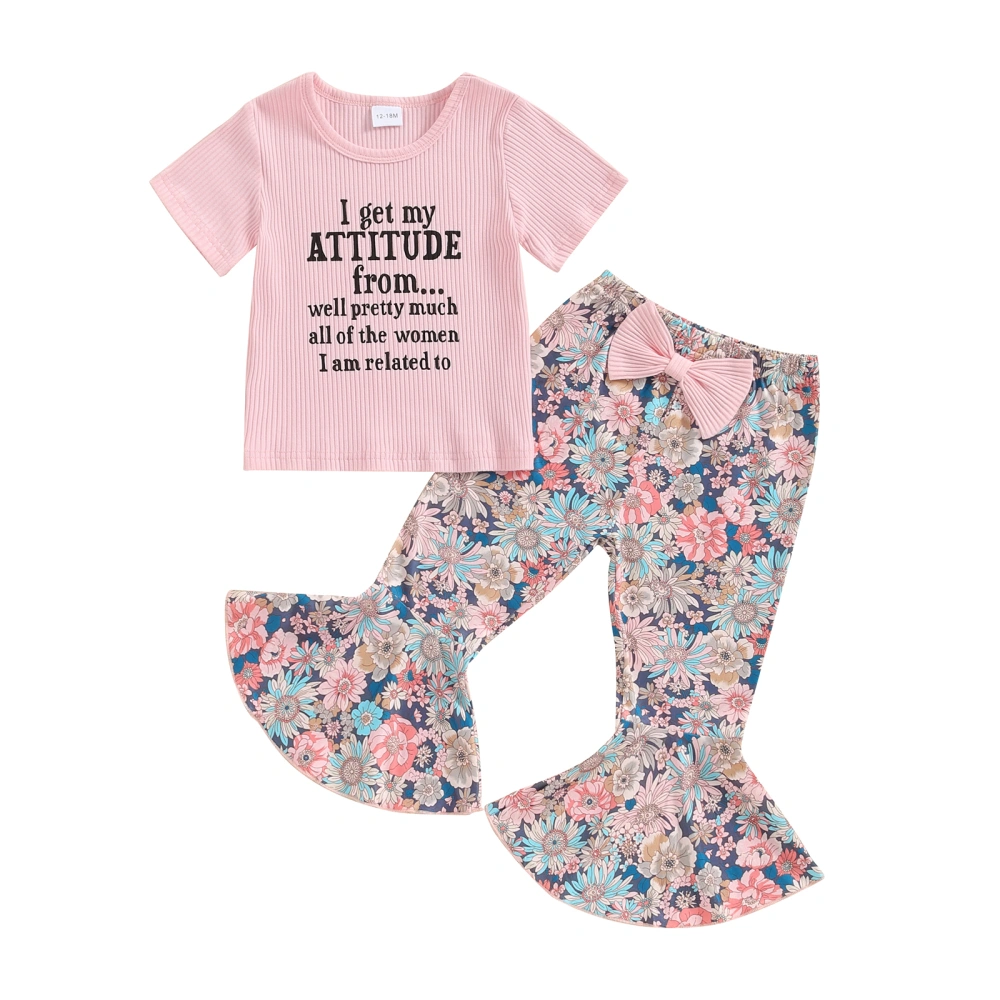 Little Girls Set, Letter Print Short Sleeve Ribbed Tops Flare Pants 