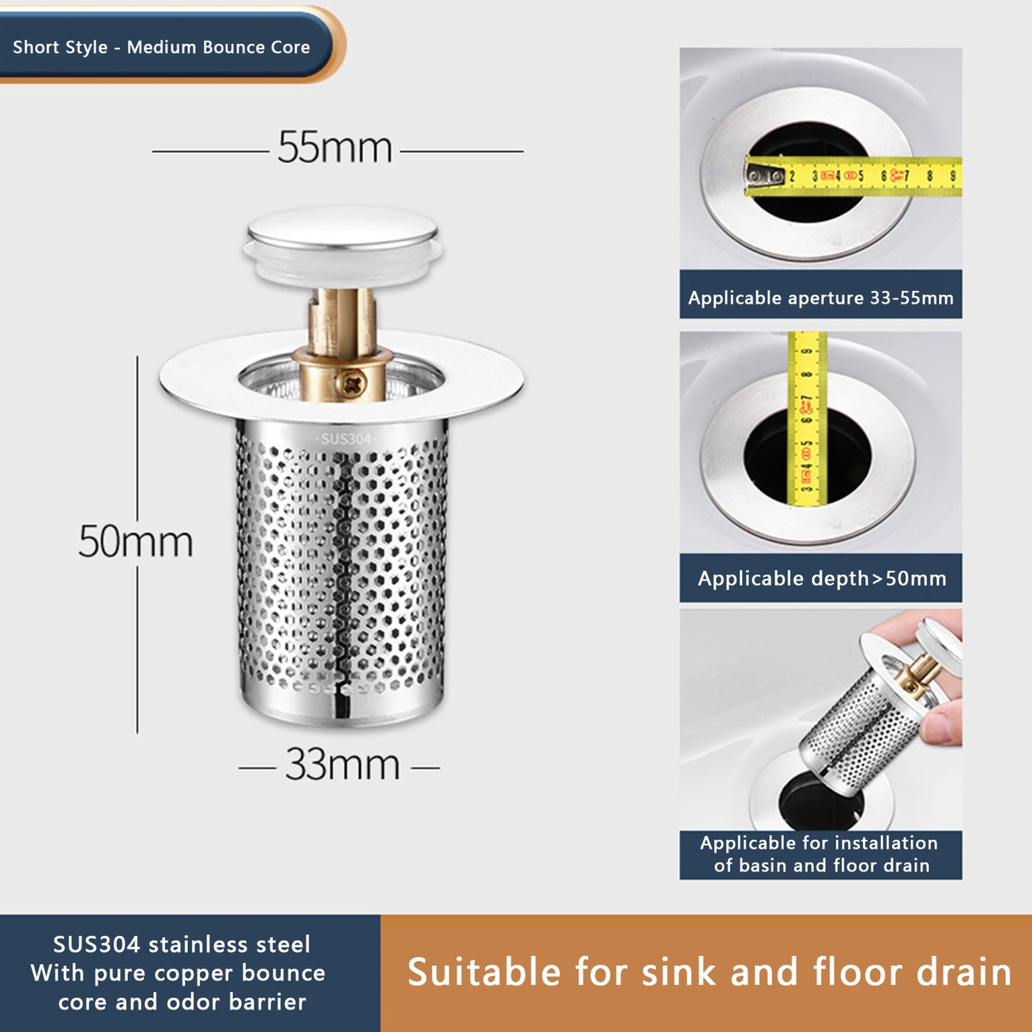 Universal Bathroom Sink Stopper Pop-up for 1.3-2.17 Inch Drain Hole