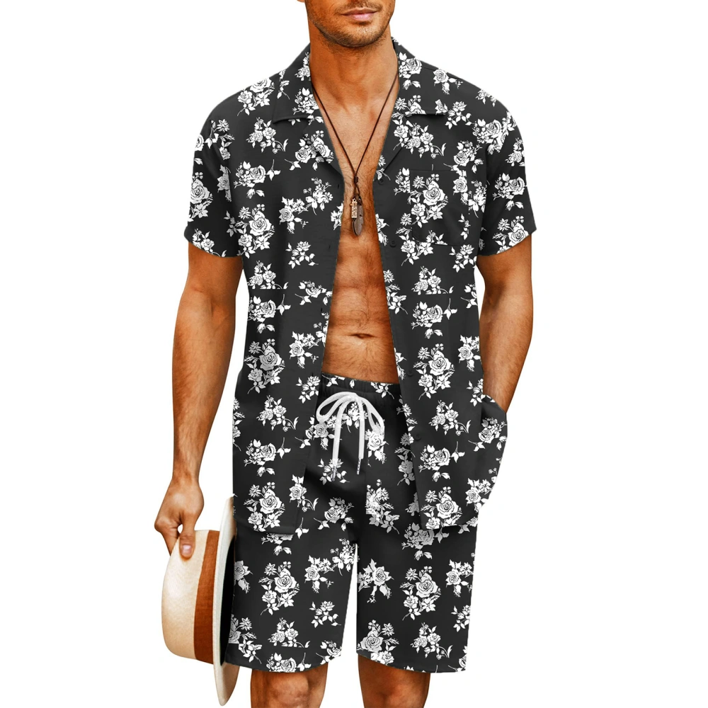 Men Beachwear Set Short Sleeve Button Up Floral Tops Drawstring Shorts