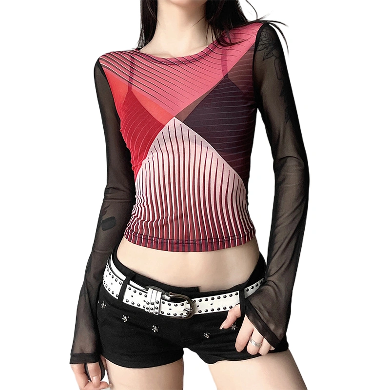 Women Crop Tops Stripe Patchwork Mesh See-Through Spring T-Shirts