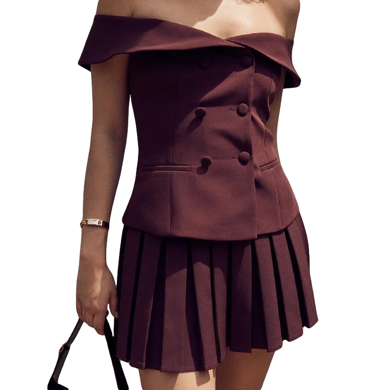 Women's 2 Piece Business Suit Solid Color Work Tops Pleated Skirts