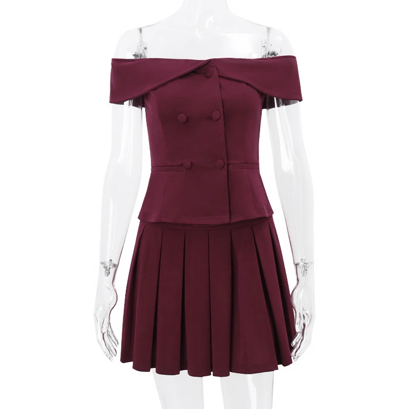 Women's 2 Piece Business Suit Solid Color Work Tops Pleated Skirts