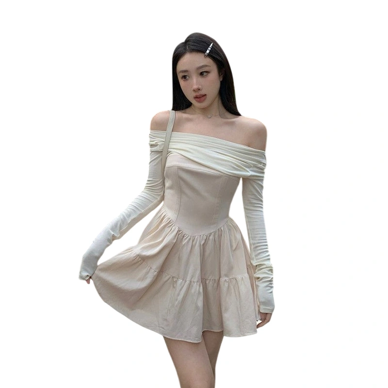 Women Dress Solid Color Boat Neck Long Sleeve Off Shoulder Dress