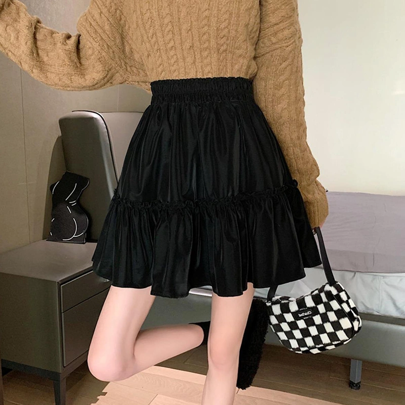 Women Mini Skirt Frill Trim Shirred Elastic Waist A-Line Ruffle Skirt 
