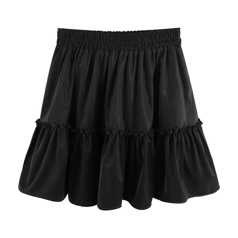 Women Mini Skirt Frill Trim Shirred Elastic Waist A-Line Ruffle Skirt 