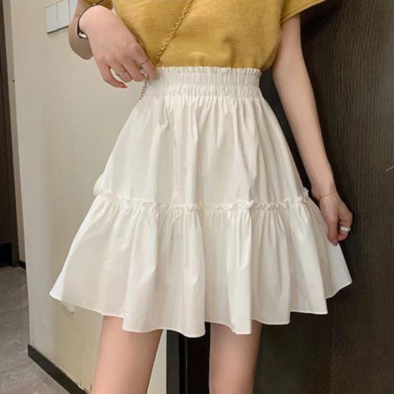 Women Mini Skirt Frill Trim Shirred Elastic Waist A-Line Ruffle Skirt 