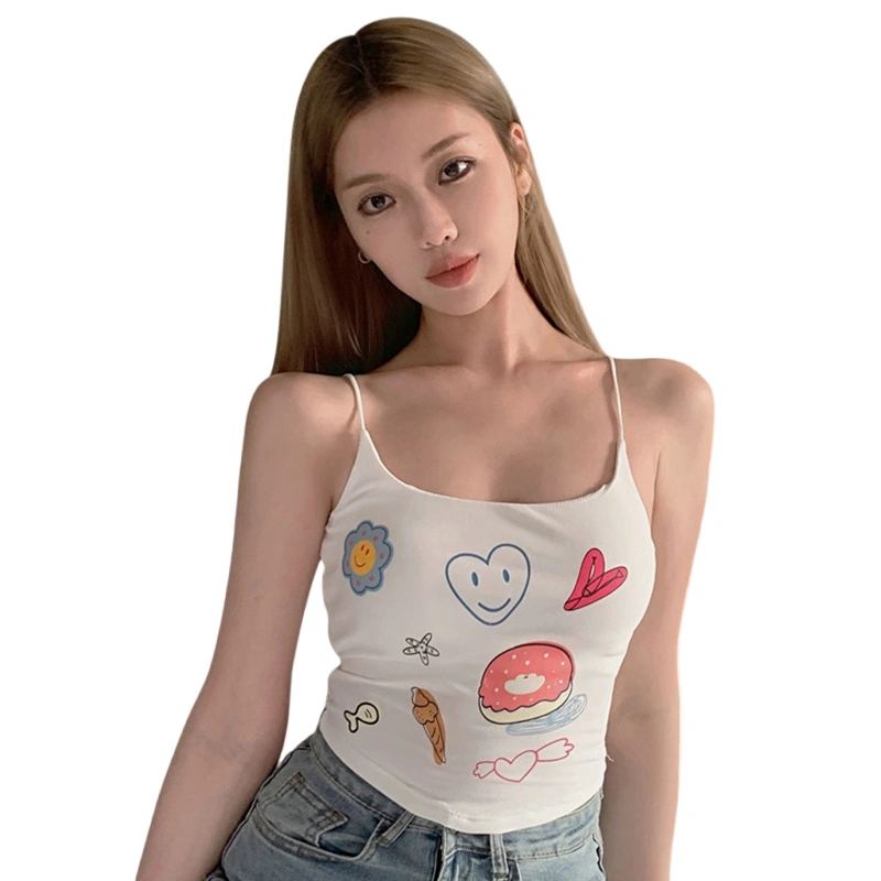 Women's Crop Cami Tops Slim Scoop Neck Spaghetti Strap Graffiti Shirt